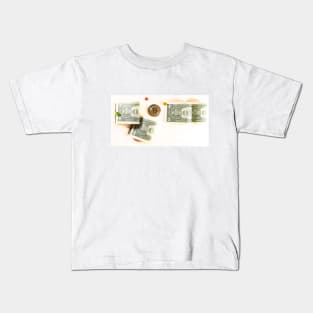 Bitcoin coin and money dollars. Concept of mining business, wealth, miner, success Kids T-Shirt